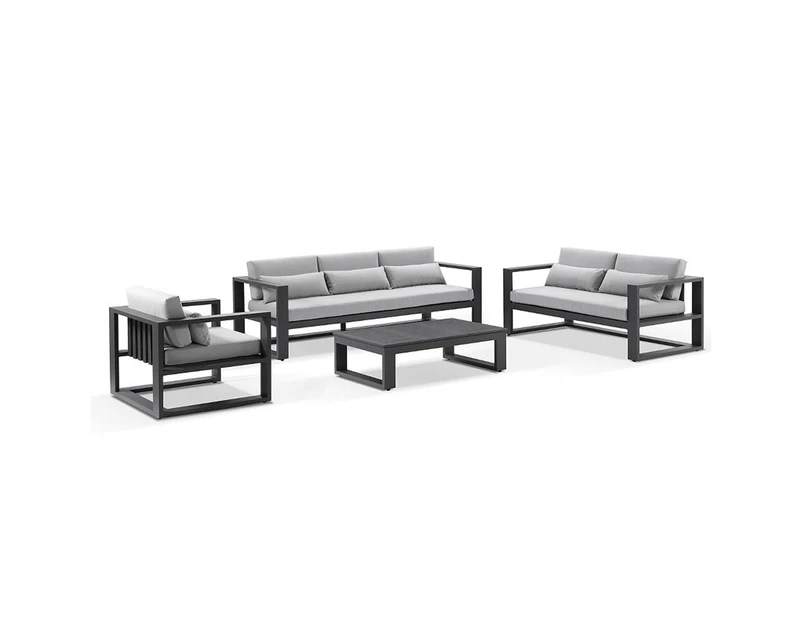 Outdoor Santorini 3+2+1 With Coffee Table In Charcoal With Denim Grey Cushions - Charcoal with Denim - Outdoor Aluminium Lounges - Charcoal Olefin Light Grey