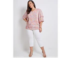 Autograph  Woven Elbow Sleeve V Neck Pleated Top - Womens - Plus Size Curvy - Sunset Ikat