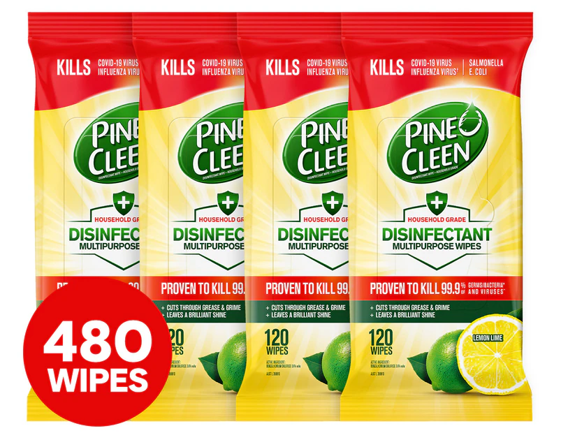 4 x 120pk Pine O Cleen Disinfectant Wipes Lemon Lime