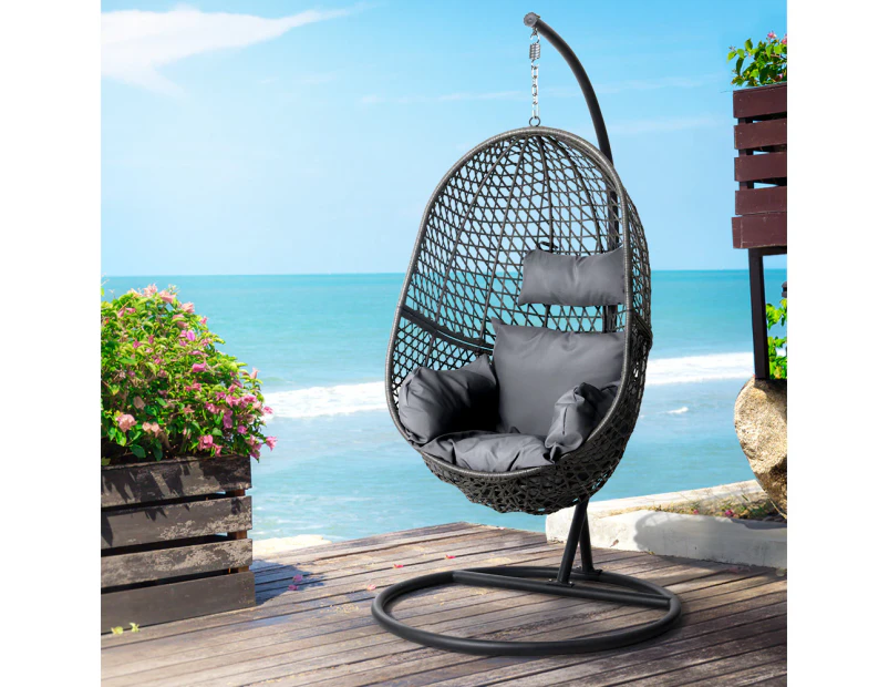 Gardeon Outdoor Egg Swing Chair Wicker Rattan Furniture Pod Stand Cushion Black