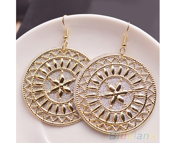 Women's Royal Round Hollow Dangle Flower Eardrops Double Layers Hook Earrings-Golden