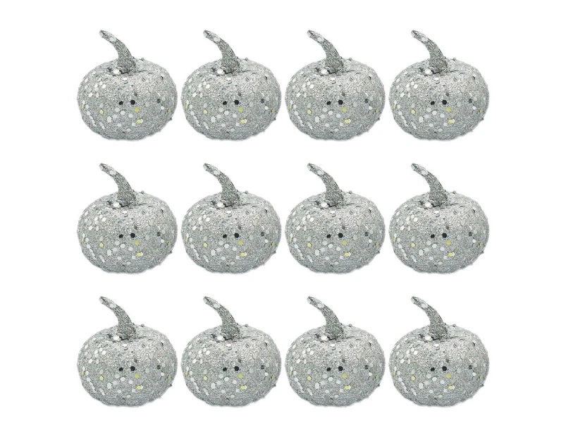 12Pcs Halloween Party Home Garden Ornaments Glitter Sequins Fake Pumpkins Decor Silver