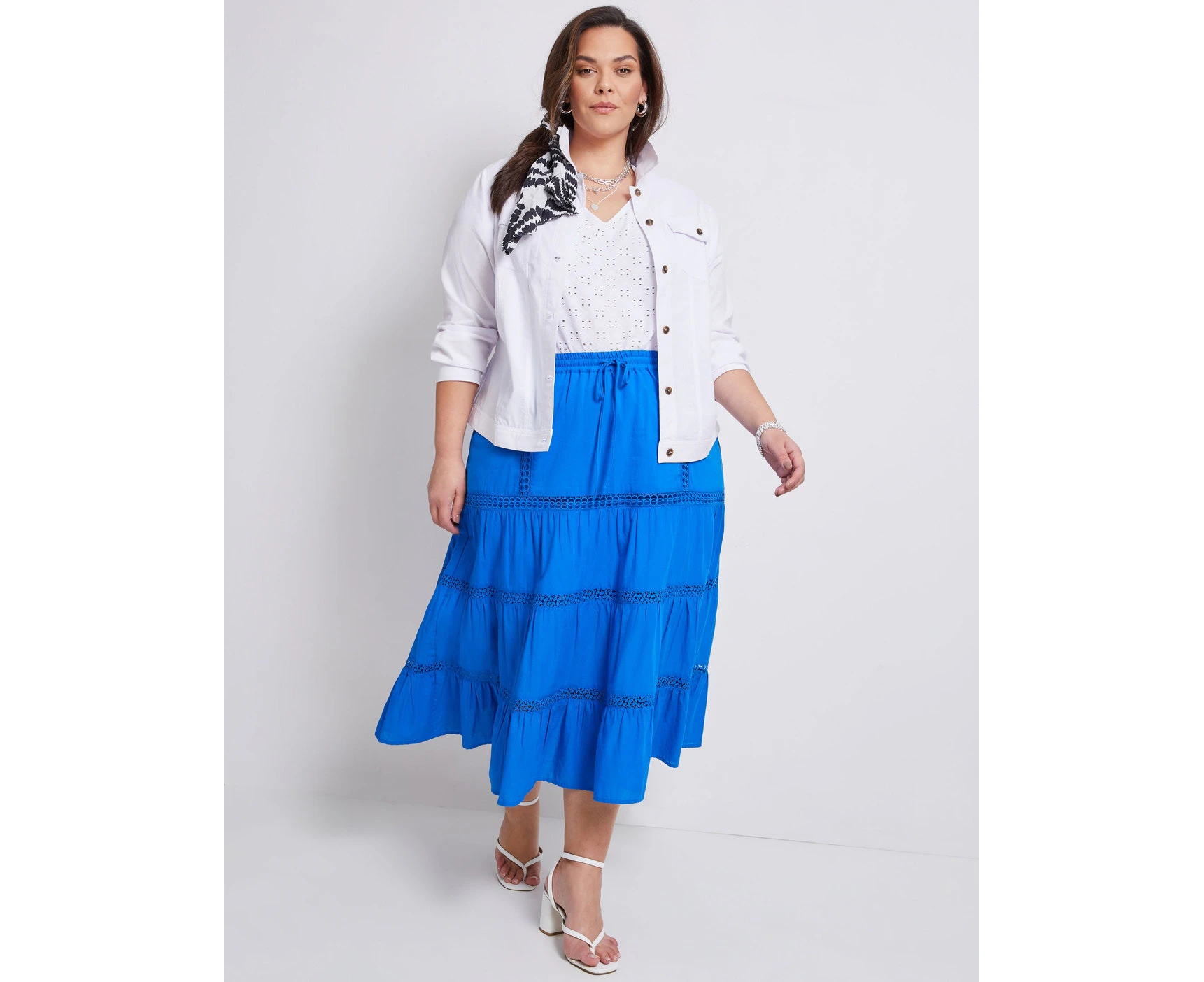 Autograph - Plus Size - Womens Skirts - Midi - Summer - Blue - Cotton - A Line - Oversized - Woven - Lace Trim - Knee Length - Fashion - Work Clothes