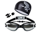 Swim Goggles with Hat Ear Plug Nose Clip Suit Waterproof Swim Glasses Anti-fog-Clear Black