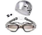 Swim Goggles with Hat Ear Plug Nose Clip Suit Waterproof Swim Glasses Anti-fog-Electroplating Black