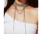 Women Rhinestones Tassel Pendant Clavicle Statement Necklace Jewelry Choker-Silver