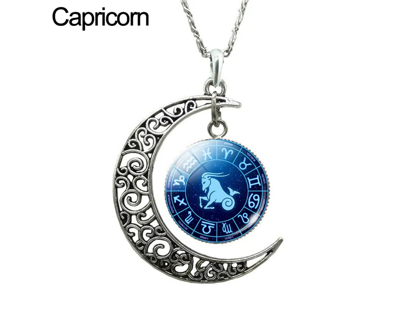 Unisex Faux Gem 12 Constellations Hollow Crescent Moon Chain Necklace Jewelry Gift for Party