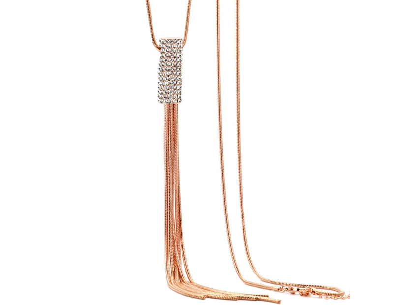 Women Full Cubic Zircon Cylinder Pendant Long Chain Tassel Sweater Necklace-Rose Gold