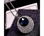 Chain Necklace Rhinestone Inlaid Vintage Long Round Pendant Necklace for Women-Blue