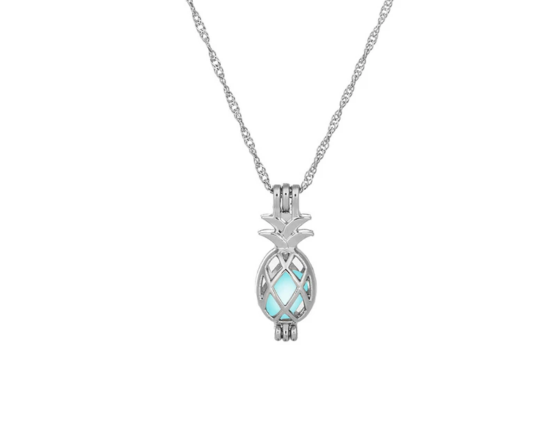 Hollow Pineapple Luminous Pendant Cage Chain Necklace Party Women Jewelry Gift-Sky Blue