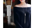 Women Full Cubic Zircon Cylinder Pendant Long Chain Tassel Sweater Necklace-Silver
