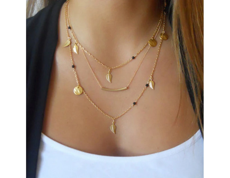 Multi-layer Choker Necklace Women Bead Leaf Disc Pendant Jewelry Fashion Gift-Golden