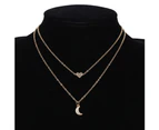 Charm Rhinestone Moon Heart Pendant Dual Layer Necklace Party Women Jewelry Gift-Golden