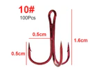 100Pcs Size 2/4/6/8/10 Sharpened Strong Fishing Treble Hook Fish Tackle Tool-Red 10