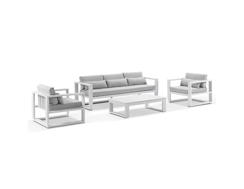 Outdoor Santorini 3+1+1 Aluminium Lounge Setting With Coffee Table - Outdoor Lounges - White with Olefin Light Grey Cushions