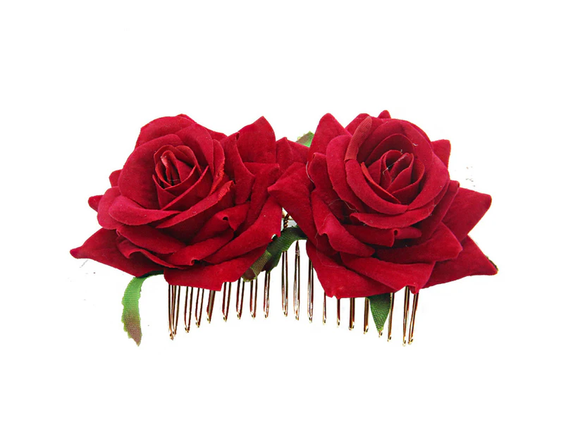 Rose Hairpin Bridesmaid Wedding Women Hair Accessory Bridal Flower Hair Comb-Red