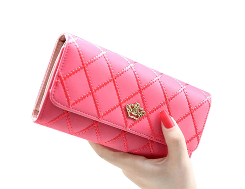 Women Quilted Crown Clutch Long Purse Faux Leather Wallet Card Holder Handbag-Watermelon Red