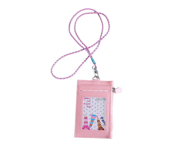 Unisex Multi-slot Zipper Faux Leather ID Badge Bag Lanyard Credit Card Sleeve-Pink