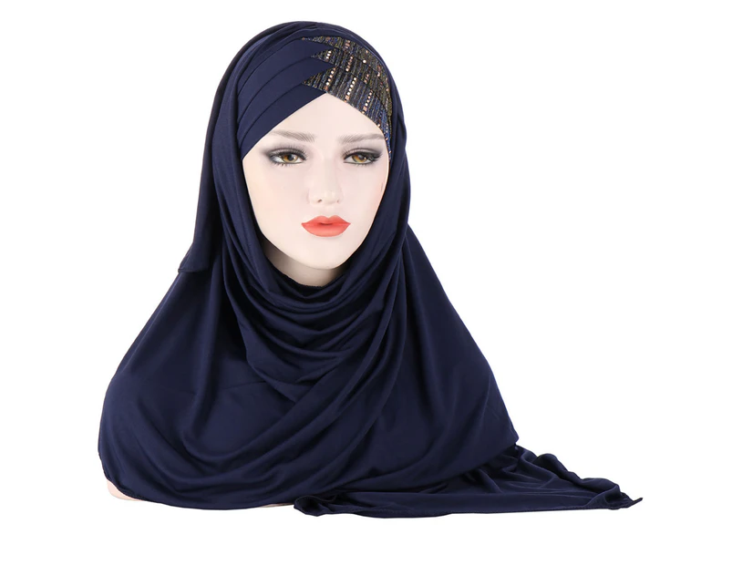 2 In 1 Elastic Band Headscarf Cap 8 Colors Forehead Cross Sequins Hair Wrap Scarf Hair Accessories-Navy Blue