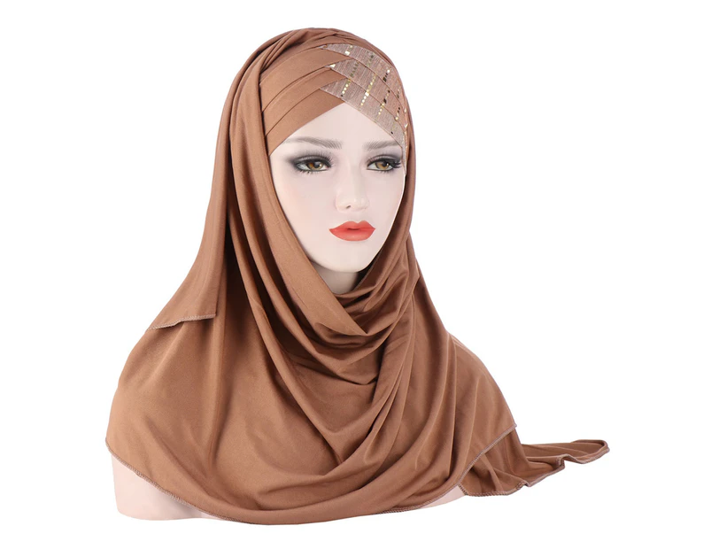 2 In 1 Elastic Band Headscarf Cap 8 Colors Forehead Cross Sequins Hair Wrap Scarf Hair Accessories-Light Coffee