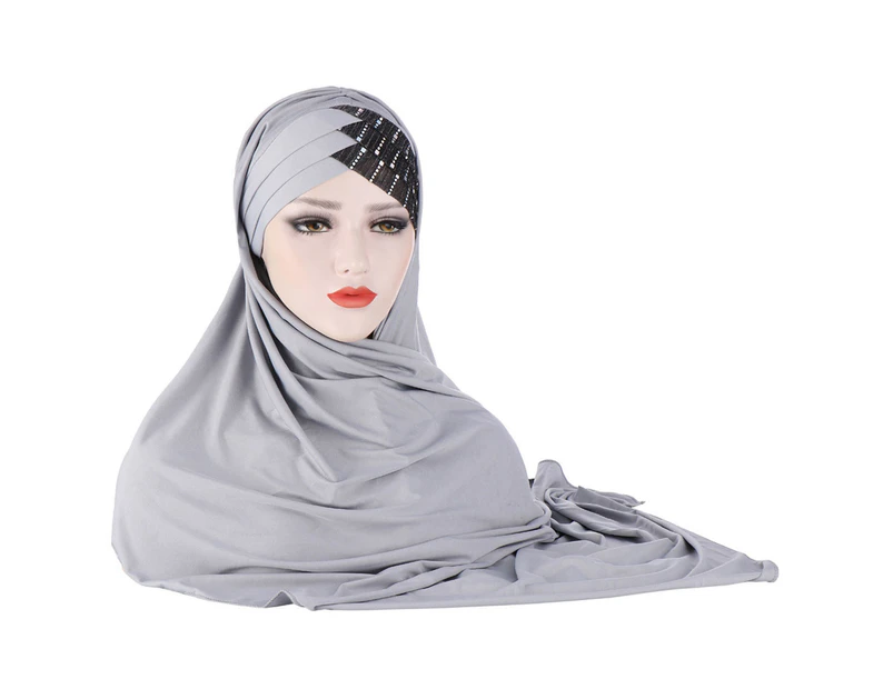 2 In 1 Elastic Band Headscarf Cap 8 Colors Forehead Cross Sequins Hair Wrap Scarf Hair Accessories-Light Grey