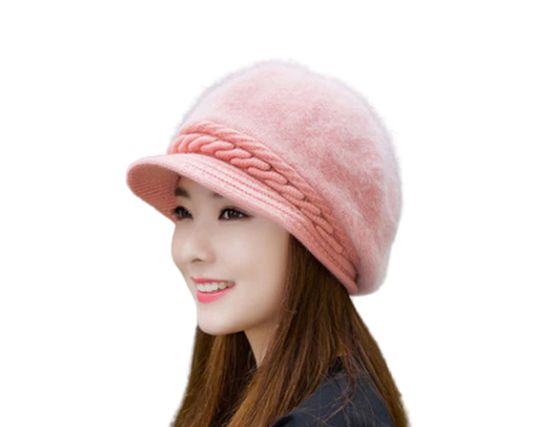 Autumn Winter Outdoor Casual  Beanies Knitted Faux Rabbit Fur Warm Beret Cap Hat-Pink