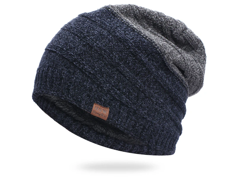 Autumn Winter Men Hat Color Block No Brim Plush Lining Ear Protection Knitting Cap for Outdoor-Navy Blue