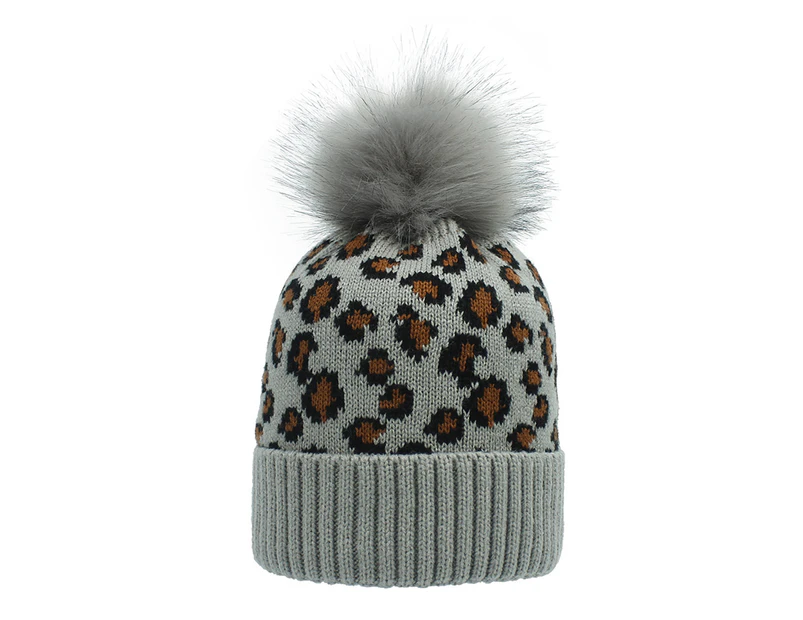 Autumn Winter Women Leopard Knitted Elastic Beanie Woolen Yarn Hat Ponytail Cap-Light Grey