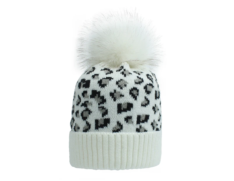 Autumn Winter Women Leopard Knitted Elastic Beanie Woolen Yarn Hat Ponytail Cap-White