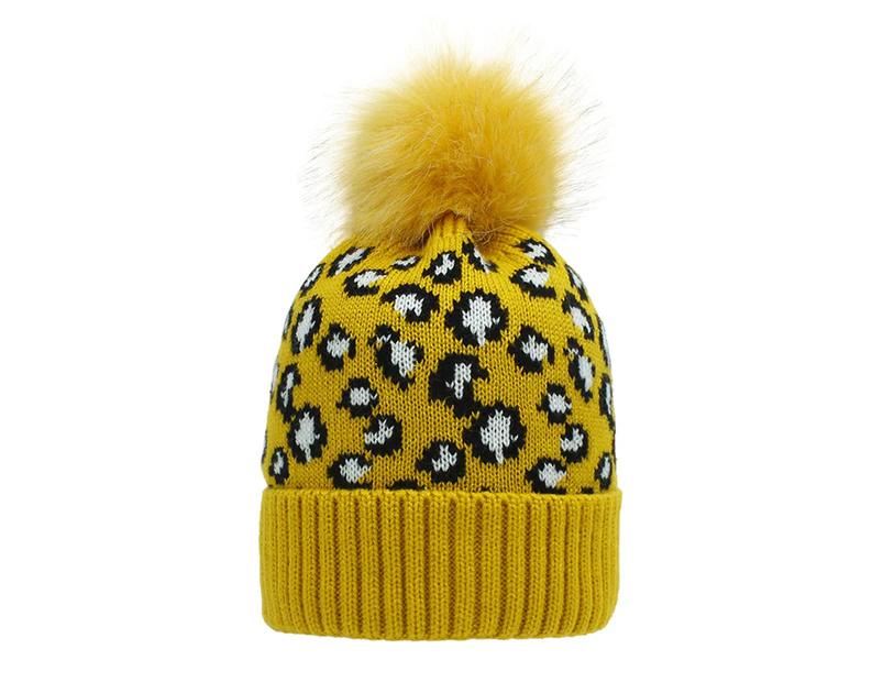 Autumn Winter Women Leopard Knitted Elastic Beanie Woolen Yarn Hat Ponytail Cap-Yellow