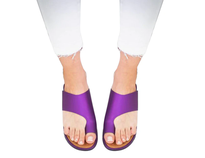 Summer Beach Clip Toe Faux Leather Slide Sandals Shoes Women Flat Flip-Flops-Purple
