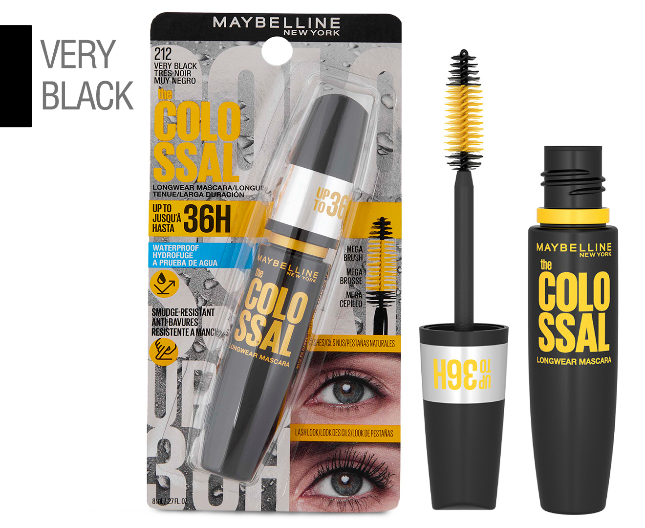 Mascara 8mL 36H Maybelline The Very Longwear Black Colossal - Waterproof