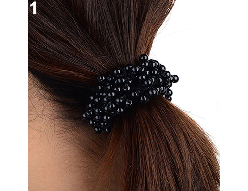 Fashion Women Faux Pearls Beads Hair Band Rope Scrunchie Ponytail Holder-Black  .au