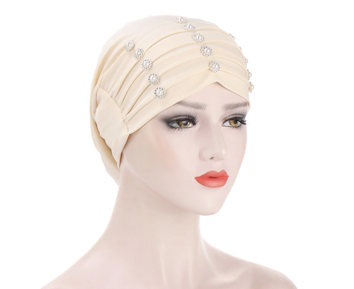 Women Solid Color Flower Design Hair Cover Muslim Bonnet Turban Hat Hijab  Cap-Flesh Pink .au