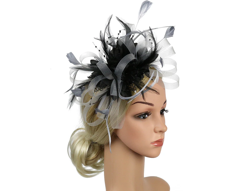 Mesh Solid Color Fascinator Hat Faux Feather Flower Shape Party Headwear Hair  Accessories-Ash Black .au
