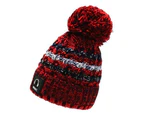 Beanie Hat Jacquard Plush Ball Autumn Winter Windproof Knitting Cap for Outdoor-Red