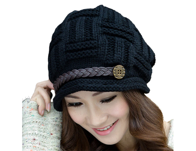 Beanie Hat Belt Decoration Korean Style Autumn Winter Windproof Warm Hat for Outdoor-Black