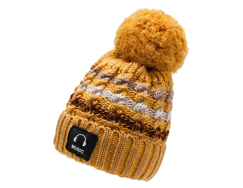 Beanie Hat Jacquard Plush Ball Autumn Winter Windproof Knitting Cap for Outdoor-Yellow