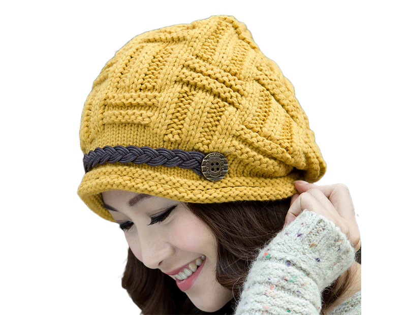 Beanie Hat Belt Decoration Korean Style Autumn Winter Windproof Warm Hat for Outdoor-Yellow
