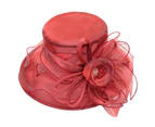 Beach Hat Sunscreen Flower Decor Mesh Wide Brim Bow-knot Medieval Women Flat Cap Beach Supply-Wine Red
