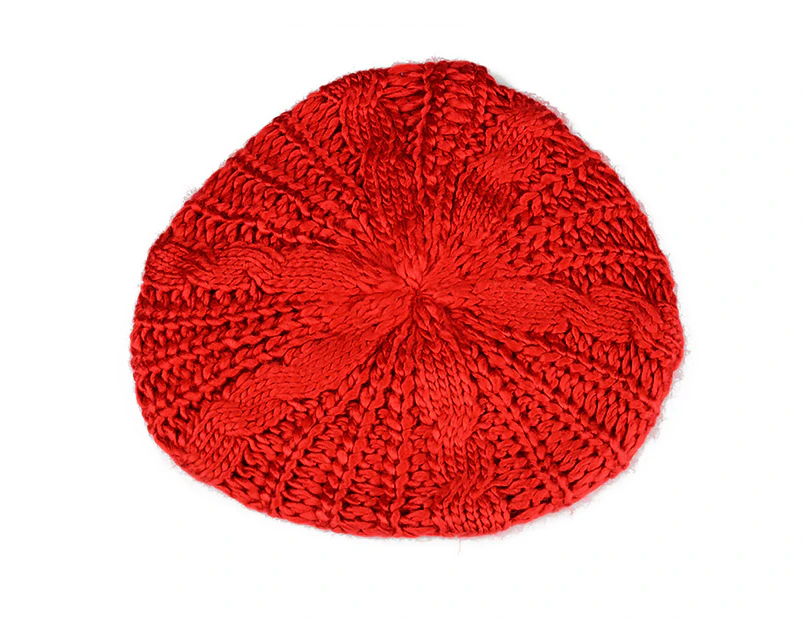 Beret Hat High Elastic Comfortable to Wear Convenient Women Plain Color Knit Beret Hat for Outdoor-Red