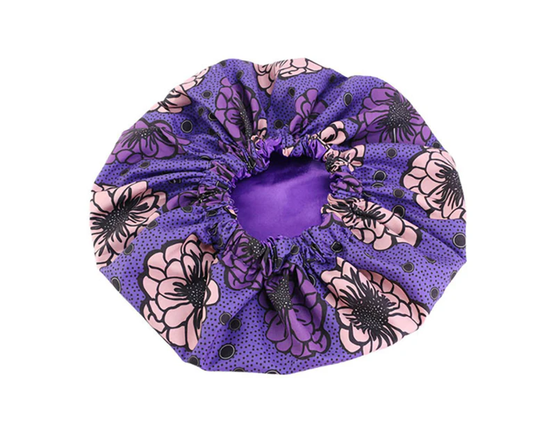 Bonnet Cap Floral Print African Style Satin Polyester Comfortable Hair Care Hat for Daily Wear-Purple