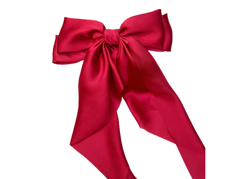 Girls Hair Clip Bow Ribbon Satin Accessory Korean Style Good Elasticity Hairpin Hair Accessories-Wine Red