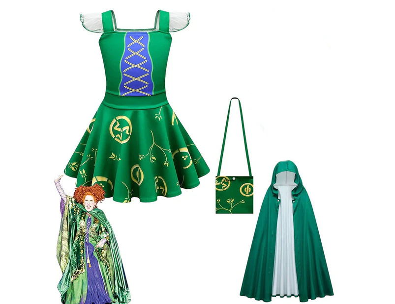 Child Girls Hocus Pocus 2 Medieval Costume Winifred Sanderson Sarah Cosplay Witch Dress - Green