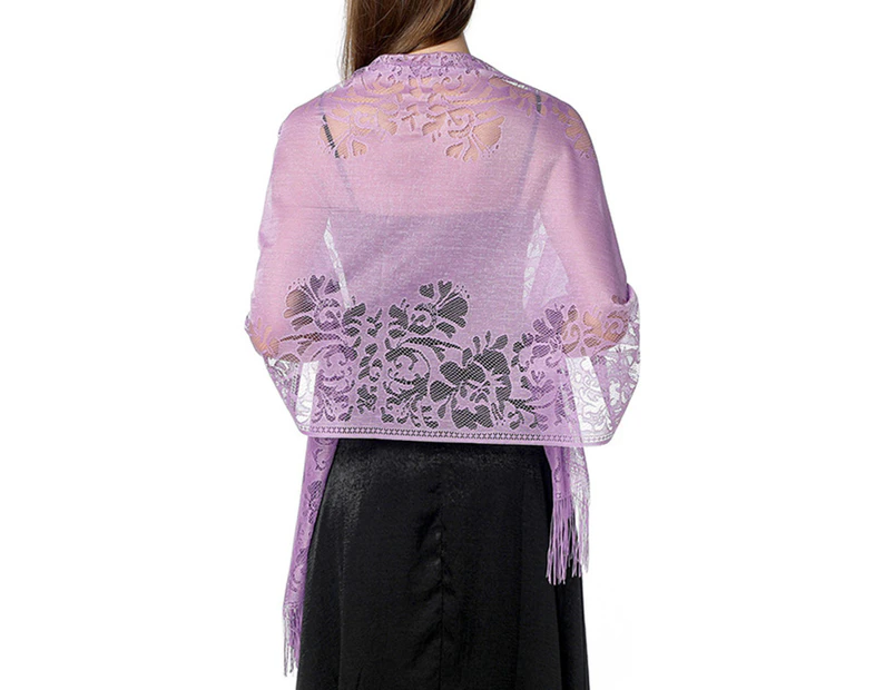 Lace Bride Shawl Stylish Floral Tassels Decor Evening Shawl for Party-Light Purple