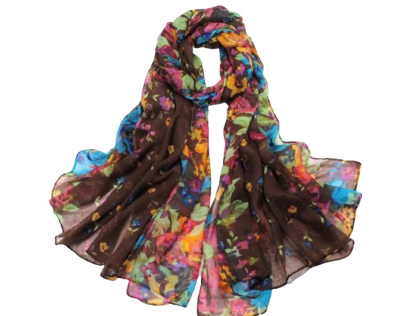 Scarf Floral Light Voile Stylish Women Shawl for Autumn-Coffee