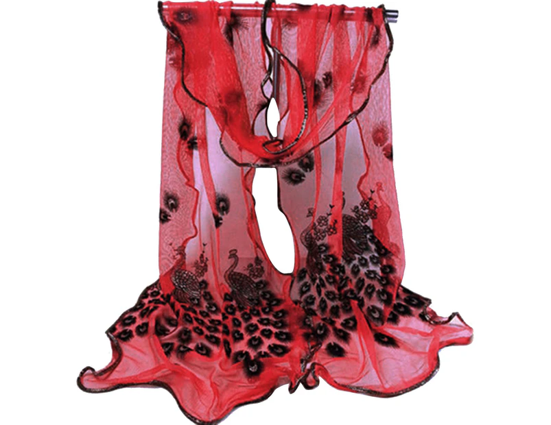 Women Fashion Peacock Flower Embroidered Lace Scarf Long Soft Wrap Shawl Stole-Red