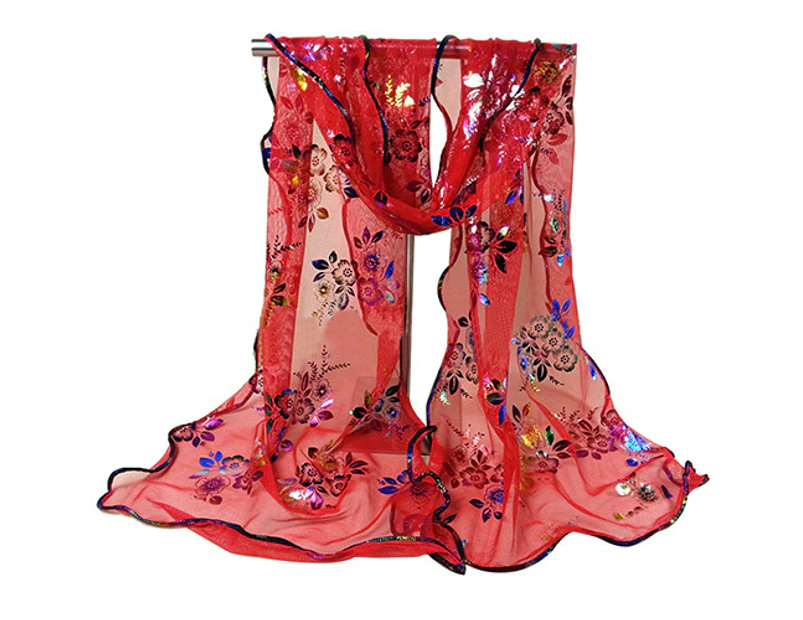 Women Fashion Floral Print Tulle Scarf Long Soft Sheer Hemming Wrap Shawl Stole-Bright Red