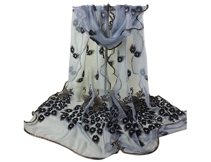 Women Fashion Peacock Flower Embroidered Lace Scarf Long Soft Wrap Shawl Stole-Gray