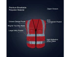 Reflective Vest For Men and Women Class 2 Safety Vests ANSI with 5 Pockets Zipper High Visibility Construction Uniform Red